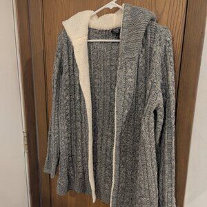 Lety & Me Helsa Colorblock Sherpa Lined Cable Knit Open Front Cardigan Gray-L